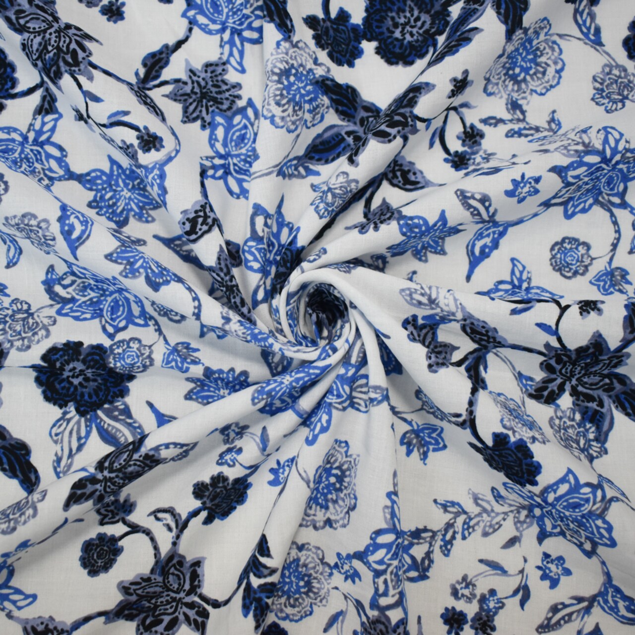 White-Blue-Multi Cotton-Rayon Floral Printed Lawn Woven Fabric By the Yard